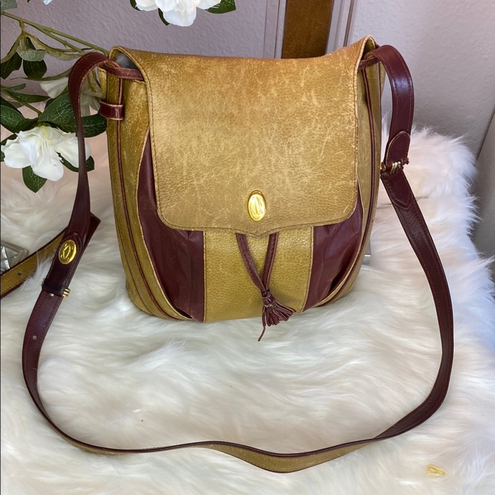 Cartier Tan, Burgundy and Brown Leather Shoulder Bag